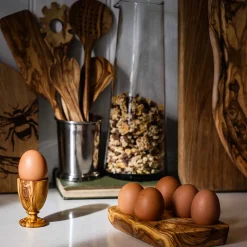 6 Slot Olive Wood Egg Cup Holder