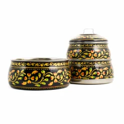 Hand Painted Three Tier Black Tiffin Tin, 1.5 Litre