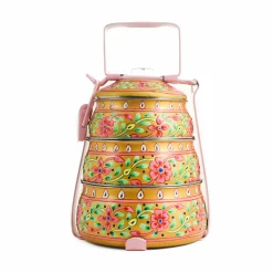 Hand Painted Three Tier Yellow Tiffin Tin, 1.5 Litre