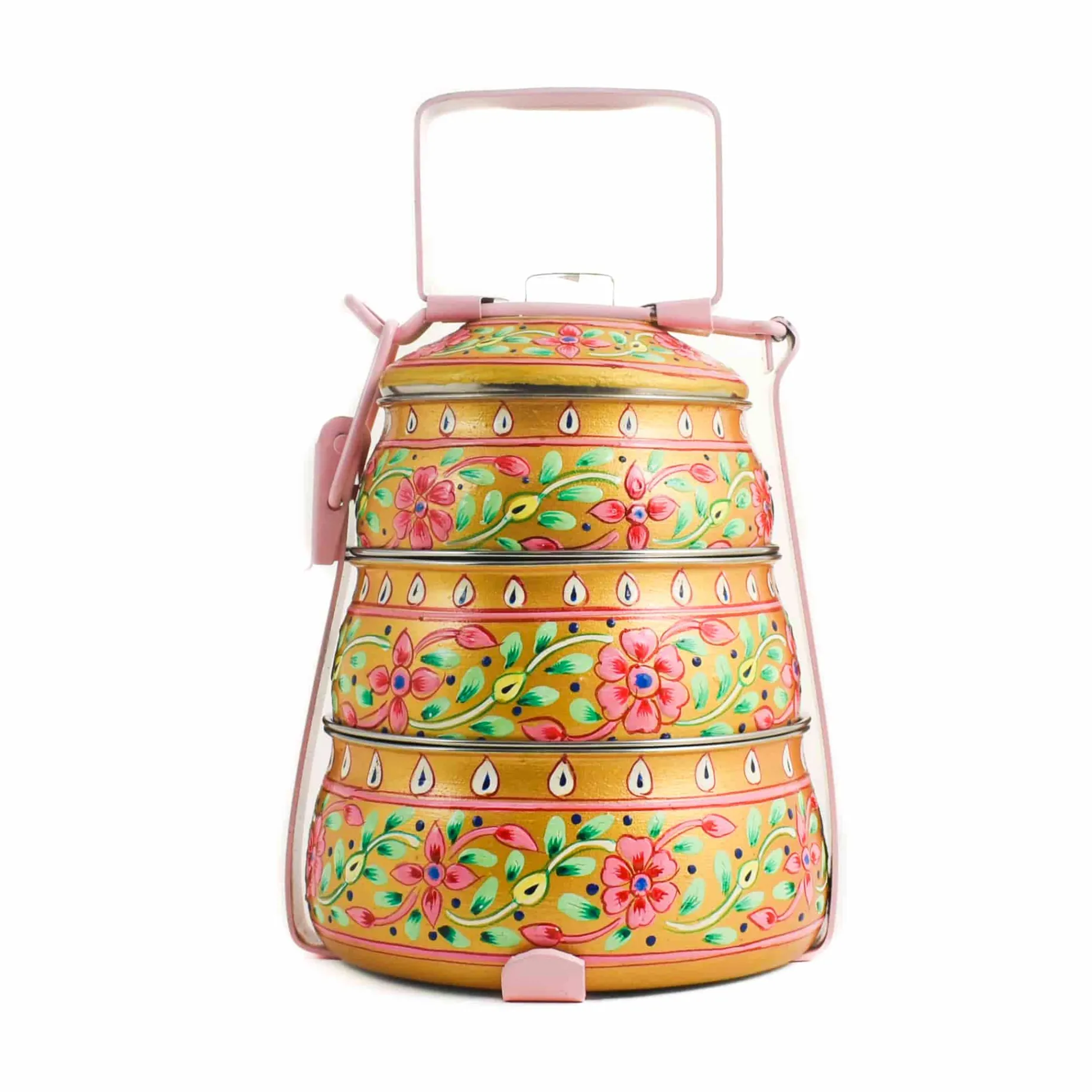 Hand Painted Three Tier Yellow Tiffin Tin, 1.5 Litre