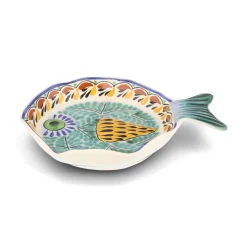 Mexican Hand Painted Green & Blue Fish Dish, 25.5cm