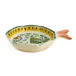 Mexican Hand Painted Green & Yellow Fish Dish, 14x19cm