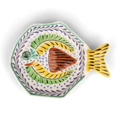 Mexican Hand Painted Yellow & Blue Fish Dish, 25.5cm