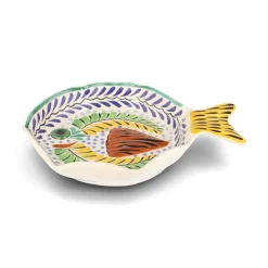 Mexican Hand Painted Yellow & Blue Fish Dish, 25.5cm