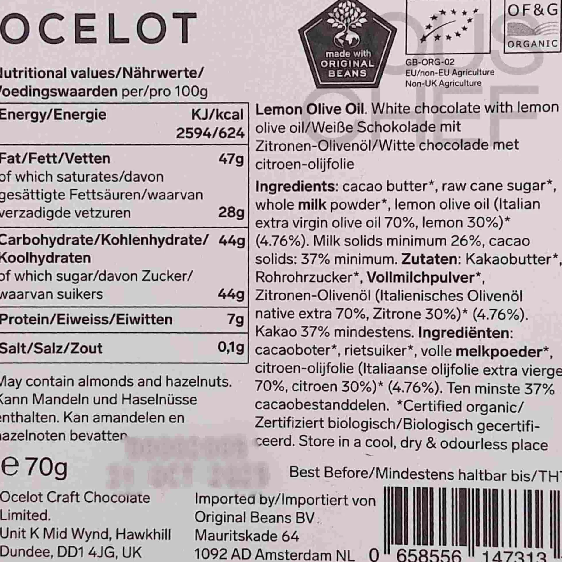 Ocelot Organic White Chocolate & Lemon Olive Oil Chocolate Bar, 70g