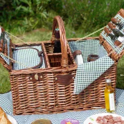 Saint-Germain Green Gingham Picnic Basket, 4 Person
