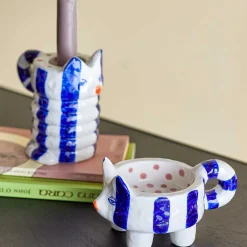 Set of 2 Blue Striped Cat Candle Holders