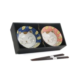Set of 2 Lucky Cat Rice Bowls with Chopsticks