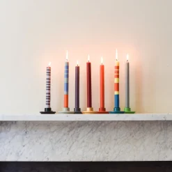 Set of 6 Striped Dinner Candles - Multicolour