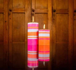 Striped Pillar Candle, Orange & Pink, 10cm
