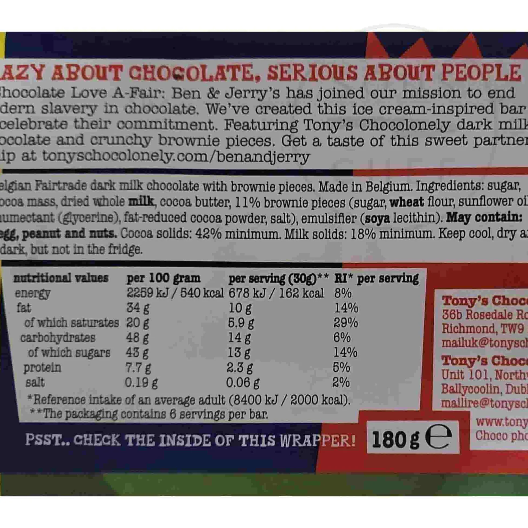 Tony's Chocolonely - Ben & Jerry's Dark Milk Brownie, 180g