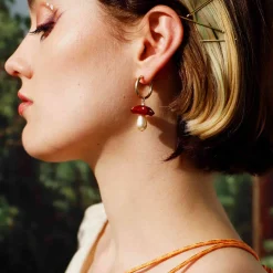 Wolf & Moon Red Mushroom Hoop Earrings